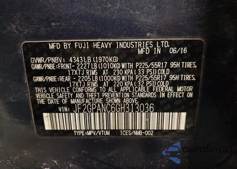 2016 Subaru Crosstrek 2.0I Limited z USA, uszkodzony, nr VIN JF2GPANC6GH313036